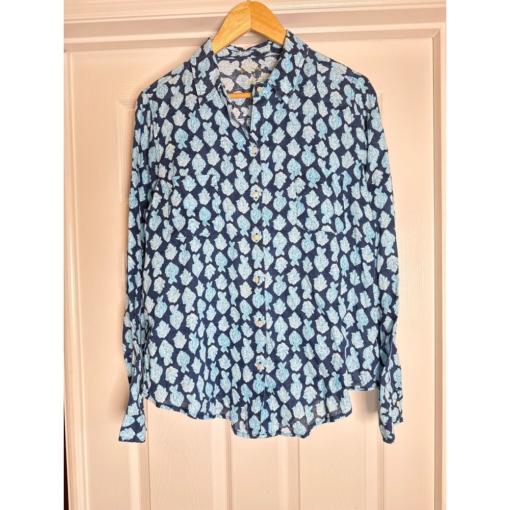 Lilly Pulitzer Button Front Shirt Medium Blue Fish Print Long Sleeve Linen